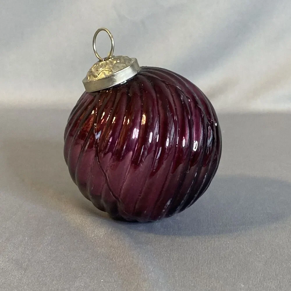Kugel Inspired Blown Glass Ball Ornament Purple Ribbed Swirl Christmas Decor